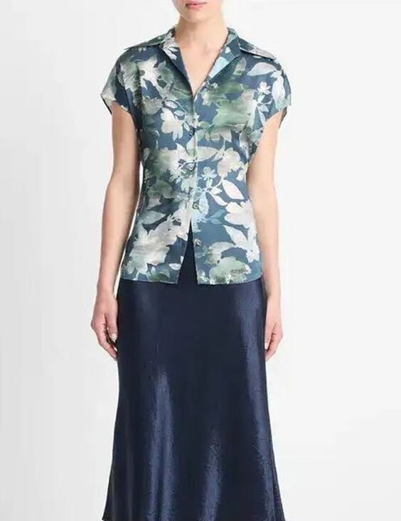 Vince Tops - Vince Shimmer Lake Silk Floral Blouse | Cap Sleeve Button Front | XS